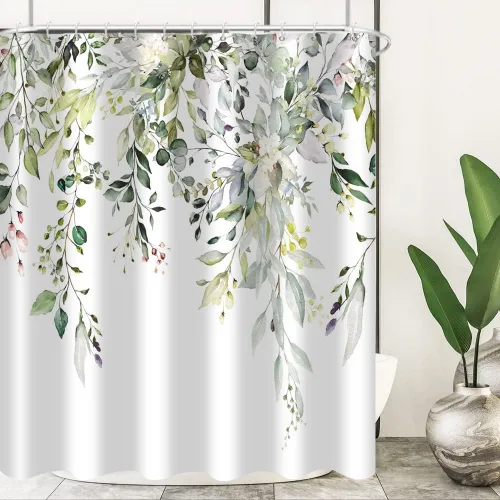 Cortina de ducha de eucalipto, hojas verdes de acuarela en la parte superior con cortina de baño floral, decoración de baño para bañera, tela Hoja