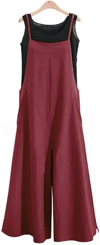 Miniatura 2 de YESNO PZZTYP2 Enterizo holgado de estilo informal, largo, overol con pantalones de pierna ancha, conjunto de una pieza de algodón, con bolsillos
