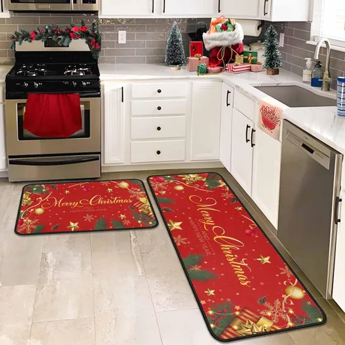 Miniatura 5 de Juego de 2 alfombras y tapetes de cocina navideños, decoraciones navideñas para el hogar con respaldo antideslizante, alfombra de cocina