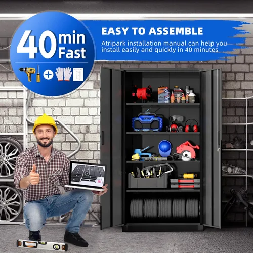 Miniatura 8 de Superday Gabinete de almacenamiento de metal, armarios de almacenamiento de garaje de 72 pulgadas con cerradura, gabinete de metal negro con 2