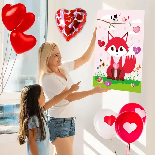 Miniatura 6 de PLULON Juego de San Valentín para niños, pin corazón en zorro con 24 calcomanías de corazón, póster para niñas y niños, decoraciones de fiesta