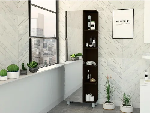 Tuhome Muebles Urano Armario de lino de 62" con almacenamiento abierto y espejo en negro