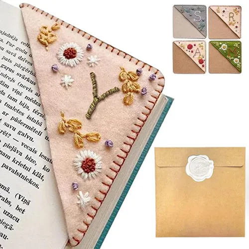 Miniatura 49 de Marcapáginas de esquina bordado a mano personalizado, 26 letras con costura a mano de fieltro, marcapáginas de esquina con bordado de flores lindo