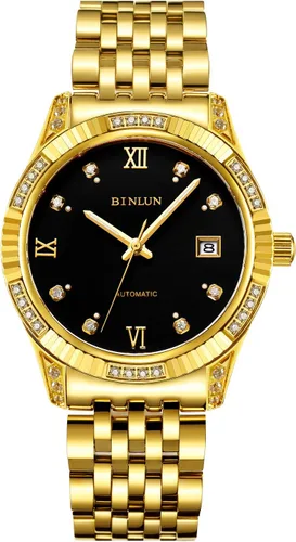 BINLUN Reloj de pulsera para hombre, mecánico automático, reloj dorado con cuerda automática, elegante, chapado en oro de 18 quilates, relojes de