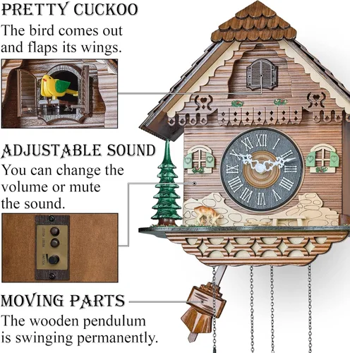 Miniatura 3 de TIMEGEAR Reloj de pared de cuco con modo nocturno, movimiento de cuarzo y péndulo oscilante (La granja)
