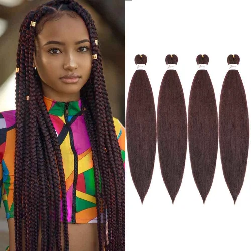 Miniatura 10 de SOKU - Cabello trenzado rojo preestirado de 24" de largo, 4 paquetes de fibra sintética trenzada con ganchillo, textura suave Yaki recta 4 paquetes