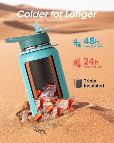 Miniatura 2 de Botella de agua Coolflask de 40 onzas con correa, botella de agua metálica aislada con popote y tapas con pico, acero inoxidable de doble pared al