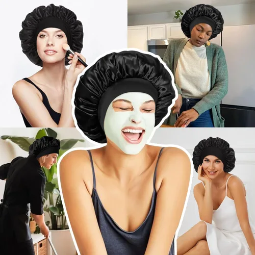 Miniatura 6 de 4 piezas de gorro de satén de seda, gorro de cabello para dormir, gorro de seda elástica de banda ancha para dormir, suave y transpirable
