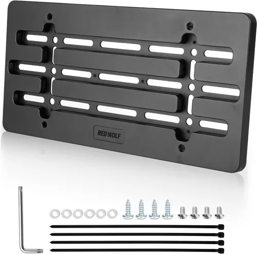 RED WOLF Soporte de Placa Delantera Universal para Automóvil, Camión, Furgoneta, SUV con Marco de Etiqueta, 6 Tornillos y Juego de Llaves, Negro,
