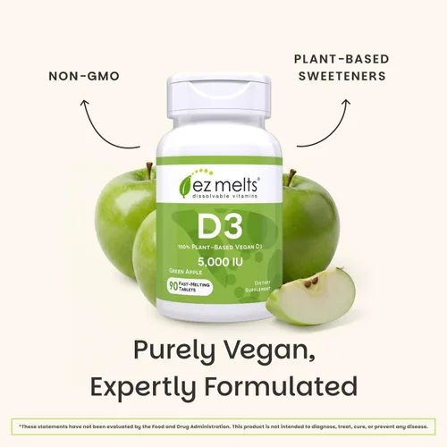 Miniatura 6 de EZ Melts D3, 5000 IU, vitaminas solubles, cero azúcar, sabor natural a manzana, libre de GMO, pastillas de disolución rápida, salud ósea e