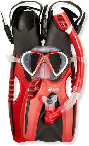 Hawaii Divers Leilani Mask Snorkel and Fin Set, Adult Snorkeling Gear, Dual-Window Tempered Glass Mask, Dry-Top Snorkel, Adjustable Fins, Travel