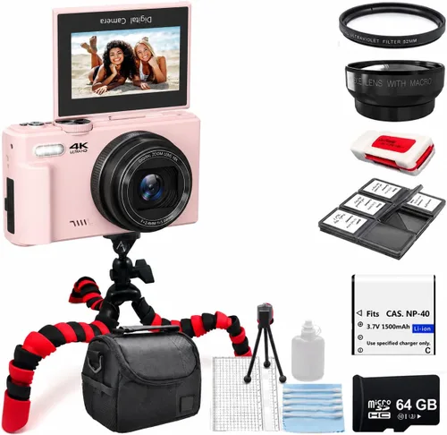 Miniatura 13 de Acuvar Cámara digital 4K, cámara digital compacta de 64 MP para fotografía y vlogging, pantalla abatible, WiFi, zoom 16X, cámara pequeña