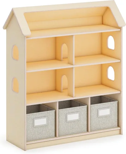 Guidecraft EdQ - Estantería para casa de muñecas, color natural: estantes organizadores de madera para niños con contenedores de almacenamiento