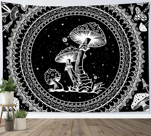 SCECALA Tapiz bohemio de hongos, mandala blanco y negro para colgar en la pared para dormitorio, decoración bohemia del hogar, 60 x 40 pulgadas,