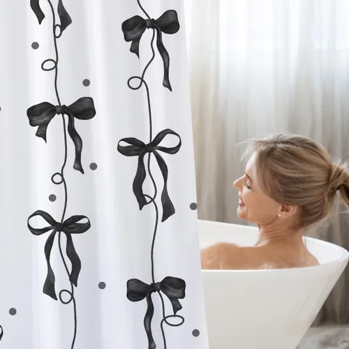 Miniatura 8 de Cortina de ducha con lazo negro, bonita cortina de ducha coqueta estética para adolescentes y niñas, decoración de tela impermeable con 12 ganchos