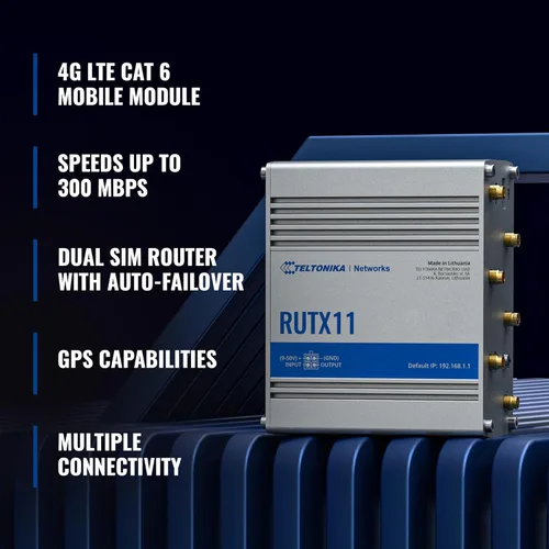 Miniatura 2 de Teltonika RUTX11 Router WiFi celular industrial con ranura para tarjeta SIM dual, 4G LTE CAT 6, velocidades de hasta 300 Mbps, conectividad LAN
