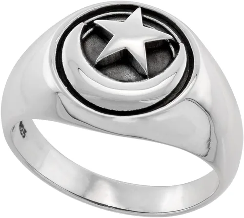 Anillo de plata de ley de 2 tamaños con luna creciente y estrella para hombre y mujer, acabado impecable, tallas 6-13