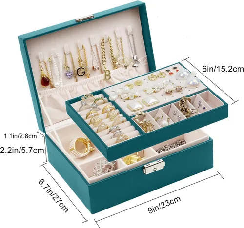 Miniatura 8 de SYCARON Joyero organizador para mujeres y niñas, estuche organizador de joyas de 2 capas, caja de almacenamiento de joyería de piel sintética