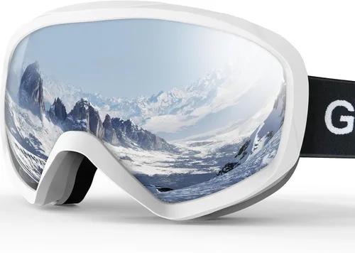 Ski Goggles, OTG 100% UV Protection Anti Fog Snowboard/Ski Goggles for Men, Women & Youth Marco blanco lente plata Vlt10%-18%