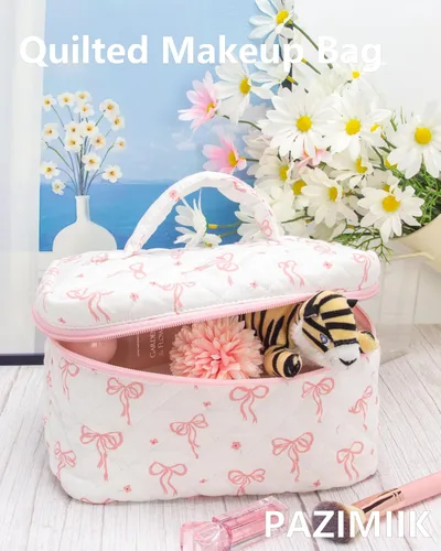 Miniatura 3 de PAZIMIIK - Bolsa de maquillaje de algodón para mujer, grande, acolchada para viaje, Rosa (Bow Pink), Vintage