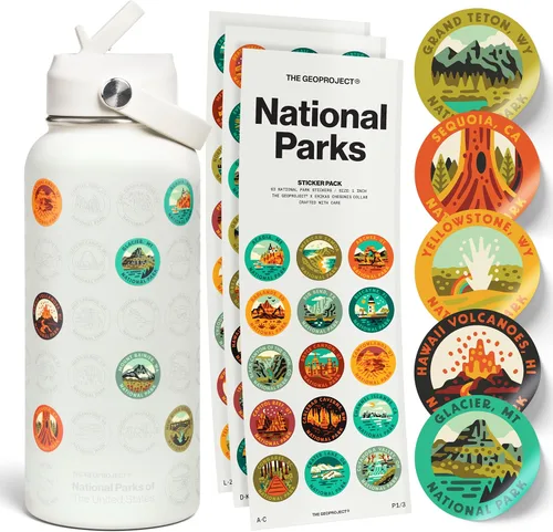 Miniatura 9 de Botella de agua de los Parques Nacionales con kit de pegatinas, colaboración de Erikas Chesonis, botella de aventura con pajita, pegatinas