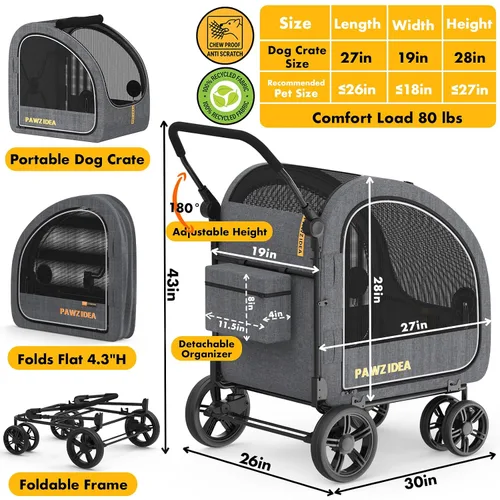 Miniatura 2 de PAWZIDEA Cochecito grande para perros con transportador desmontable, jaula portátil para perros de viaje en automóvil, múltiples cochecitos