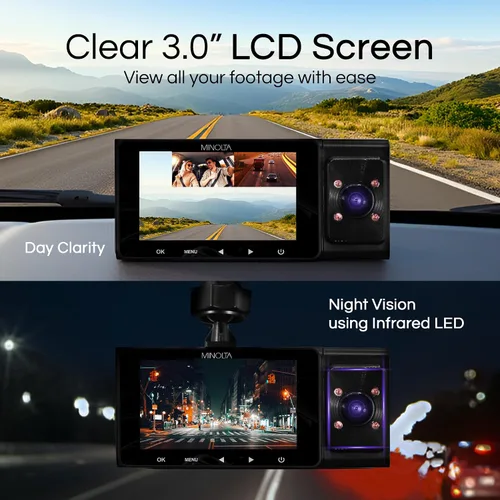 Miniatura 4 de Cámara de salpicadero Minolta – DVR de coche de 3 canales 1080P con cámara trasera e interior, visión nocturna, pantalla LCD de 3.0”, sensor G