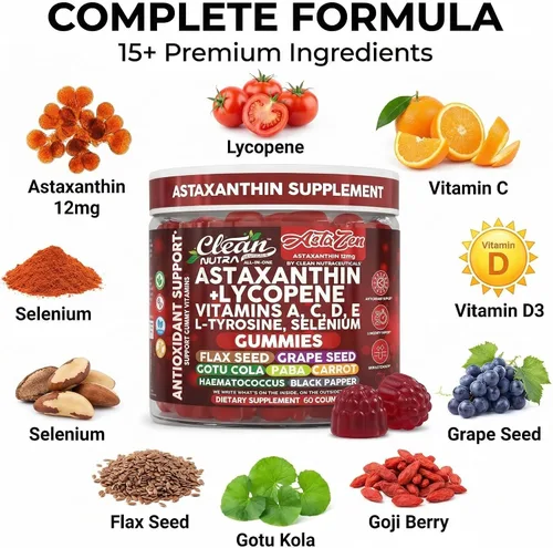Miniatura 4 de Clean Nutraceuticals AstaZen - Gomitas de astaxantina de 12 mg - con licopeno, vitaminas A C D E, L-tirosina y selenio - Gomitas de apoyo
