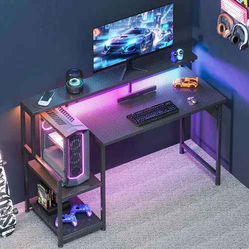 Miniatura 2 de AODK Escritorio para computadora, escritorio para juegos de 48 pulgadas con luces LED y toma de corriente, escritorio de oficina con estantes