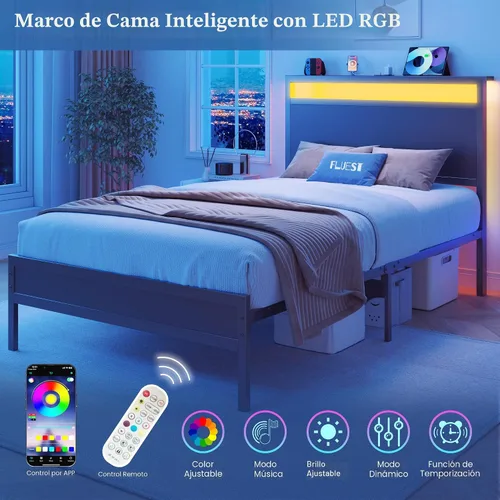 Miniatura 4 de Fluest Base de cama individual con cabecero y estribo, marco de cama individual con estación de carga y luz LED, almacenamiento debajo de la cama