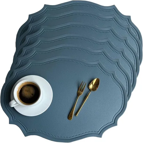 Miniatura 11 de Juego de 6 manteles individuales de cuero lavables, manteles individuales de cuero sintético negro grueso resistentes al calor con forma elíptica