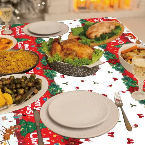 Miniatura 8 de Paquete de 4 manteles de Navidad para fiesta de Navidad, decoración de fiesta de Navidad, cubierta de mesa de Navidad con árbol de Navidad y copo