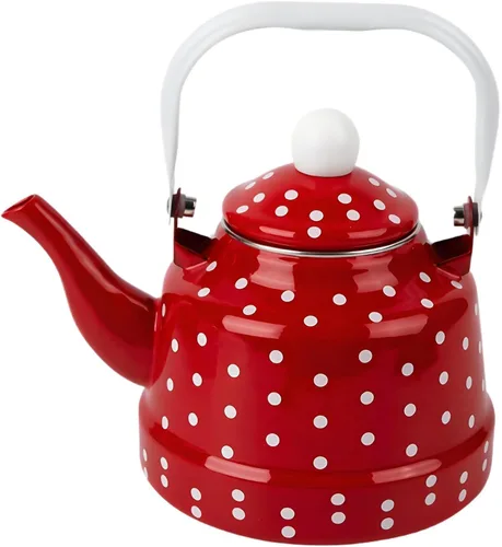 Miniatura 9 de Estufa de té esmaltada vintage de 1.8 cuartos de galón, tetera esmaltada con manchas rojas y blancas, esmalte en acero y café con asa, hervidor