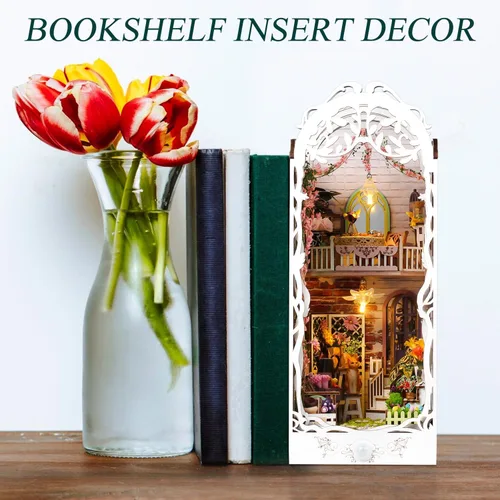 Miniatura 4 de TuKIIE Kit de bricolaje en miniatura para rincón de libro, estantería de casa de muñecas con sensor de luz y a prueba de polvo, soporte decorativo