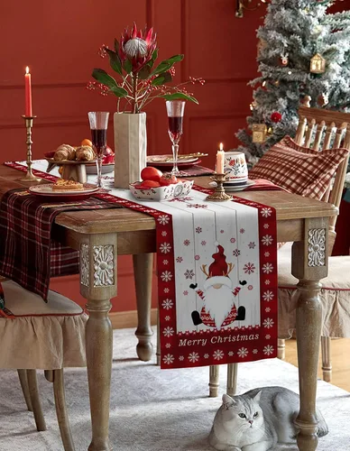 Miniatura 5 de Camino de mesa de lino y algodón de Feliz Navidad, gnomo, copo de nieve, camino de mesa de madera para mesa de comedor, decoración de cocina