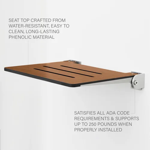 Miniatura 4 de Seachrome Asiento de ducha plegable Silhouette Slimline de 18 pulgadas, para montaje en pared, asiento rústico de teca con marco plateado