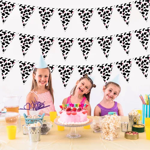 Miniatura 7 de Paquete de 6 banderines con estampado de vaca, color rosa y negro para decoración de fiesta de vaquero occidental, baby shower, temática