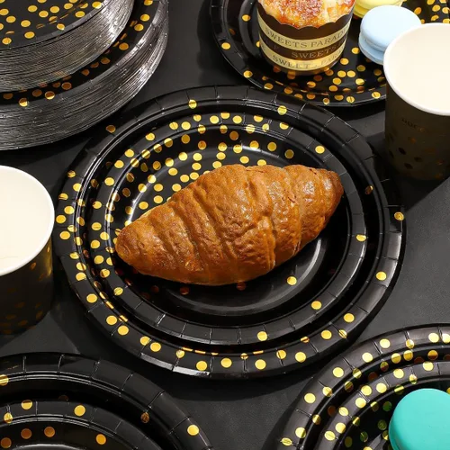 Miniatura 7 de Suministros de fiesta negros y dorados, 145 platos de papel, servilletas, cuchillos, tenedores, vasos, pancartas, para víspera de Año Nuevo 2026