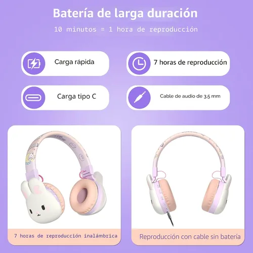 Miniatura 5 de Auriculares Bluetooth para niños, límite de volumen de 85 dB, ultra suaves sobre la oreja, micrófono incorporado, plegables, diseño de animales