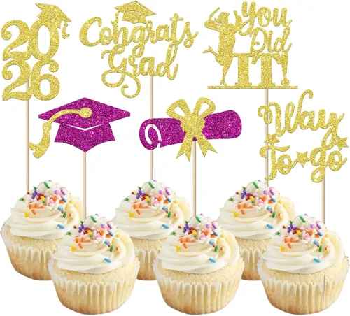 Miniatura 50 de Paquete de 24 adornos para cupcakes de clase 2025 con purpurina 2025 para diploma de graduación 2025 para cupcakes temáticos de graduación 2025