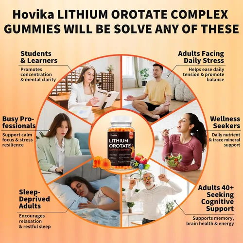 Miniatura 4 de Orotate de litio 5mg 10mg Gummies Suplementos de litio con vitamina B, magnesio y selenio para apoyo del estado de ánimo, alivio del estrés, salud