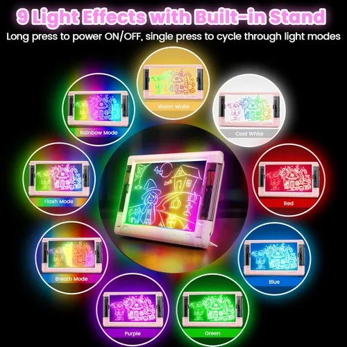 Miniatura 3 de Tablero de dibujo LED recargable, 15 pulgadas, 9 modos de luz de color, almohadilla de escritura con luz de neón para niños, juguete de regalo