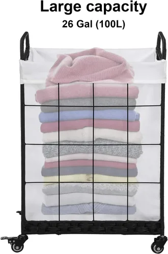 Miniatura 8 de Cesta de lavandería resistente con ruedas enrollables con cerradura, cesta de lavandería duradera y plegable con bolsa extraíble y asa de metal