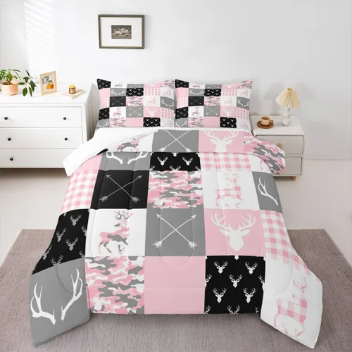 Miniatura 157 de Juego de edredón de cuernos de ciervo tamaño individual, juego de ropa de cama rústica de granja con huellas de oso y pinos para decoración
