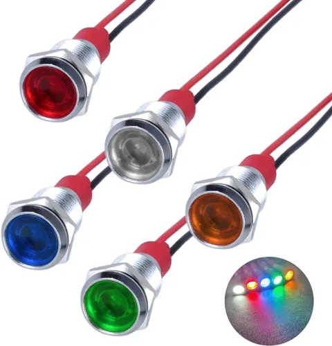 Miniatura 26 de 5Pcs 12V-24V Luz indicadora LED de ahorro de energía Montaje de orificio 8mm (1/3") 20mA Señal de lámpara de cabeza plana ancha impermeable piloto
