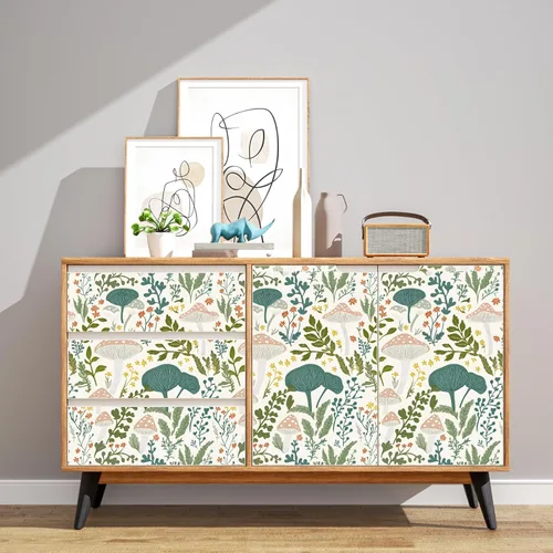 Miniatura 3 de Papel tapiz floral de hongos rosados para despegar y pegar, papel de contacto bohemio con hojas verdes claras, acuarela, colorido mural de pared