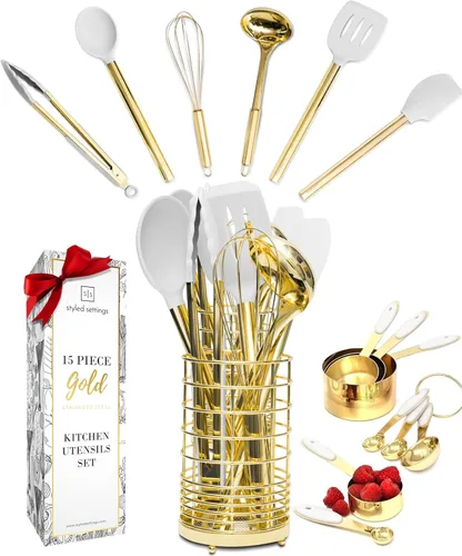 Styled Settings Juego de utensilios de cocina blanco y dorado, 15 piezas, sin BPA, antiarañazos, incluye utensilios de cocina de silicona blanca y