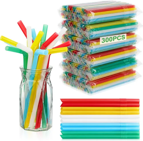 Miniatura 9 de Tessco for you 300 pajitas grandes de plástico a rayas de té de burbujas de 9.06 pulgadas, envueltas individualmente para beber jugo de batido Negro