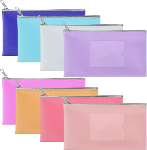 Miniatura 26 de Paquete de 4 bolsas de dinero para depósitos bancarios, cartera de cuero sintético resistente con cremallera con ventana transparente, bolsa