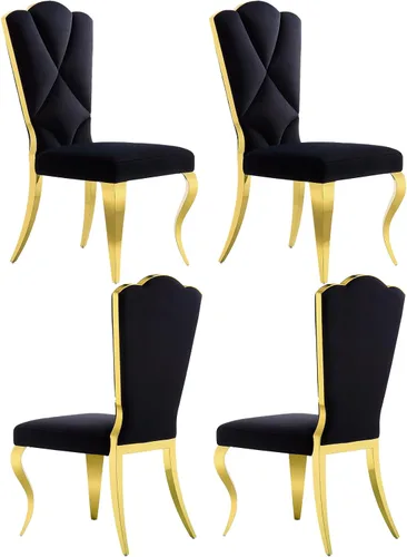 Miniatura 13 de Juego de 2 sillas de comedor de terciopelo negro y dorado, sillas de cocina tapizadas con respaldo alto con patas de acero inoxidable pulido, sillas